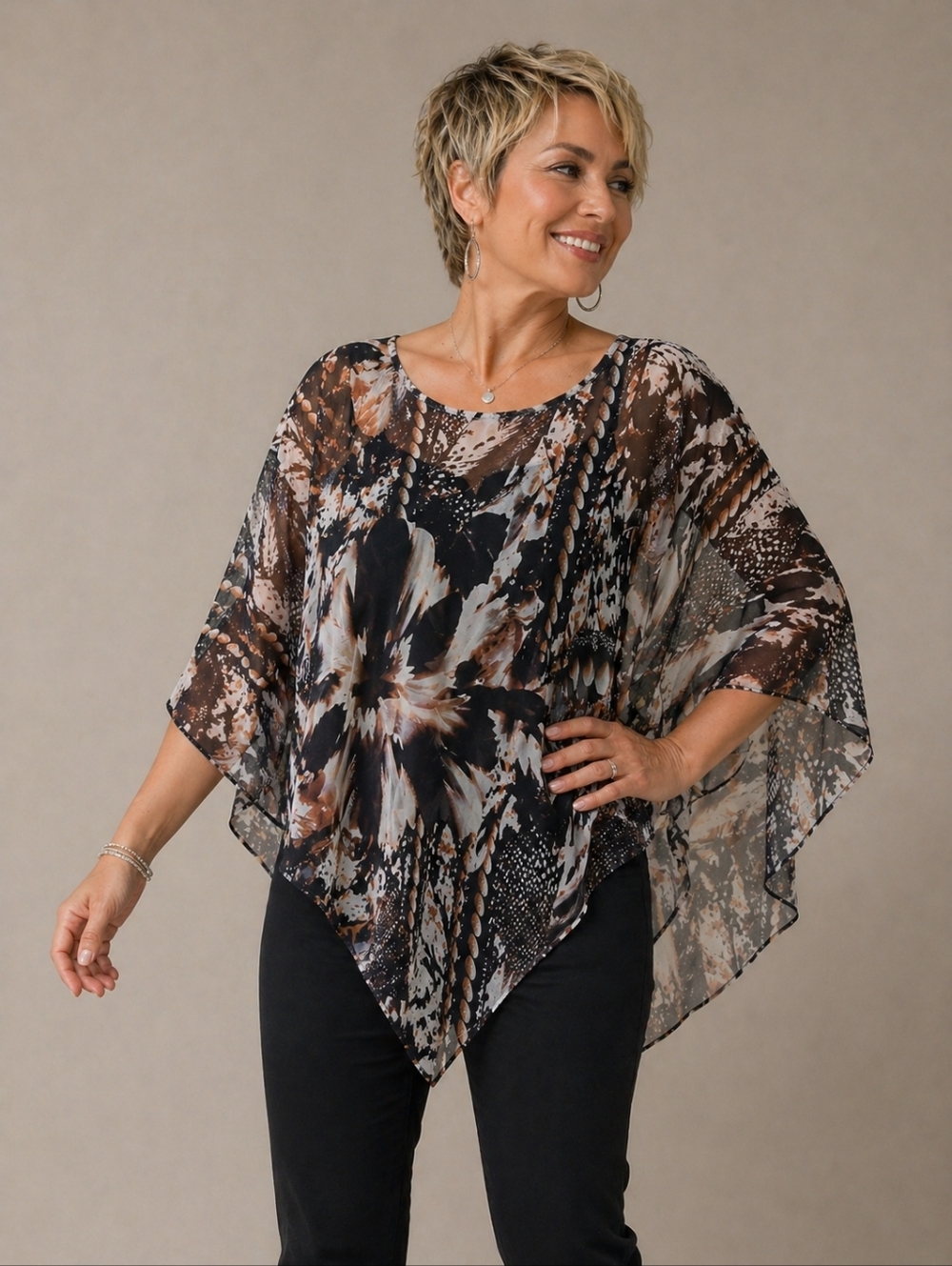 Dressbarn | Sheer Floral-Print Poncho Top in Black and Brown, One Size